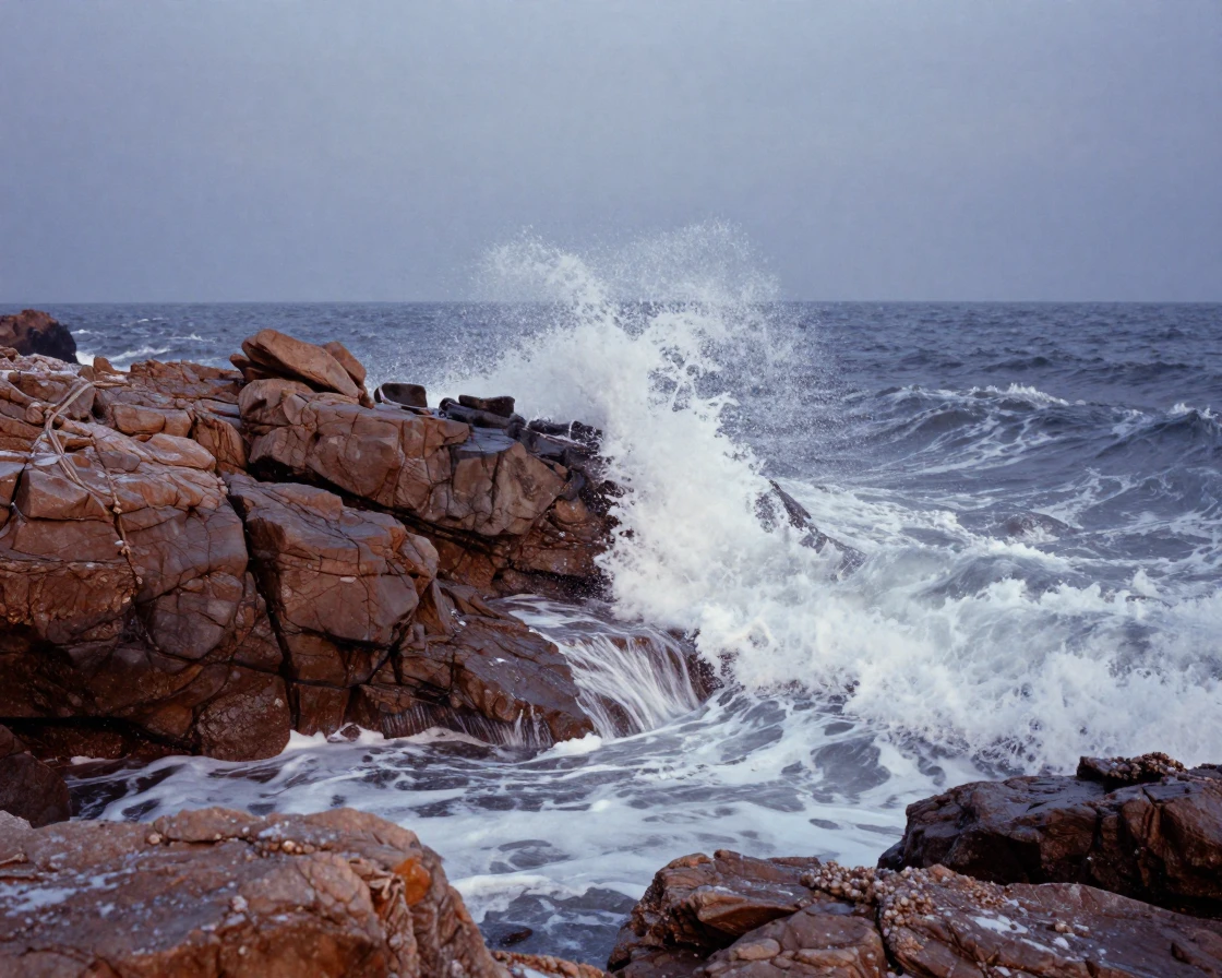 Waves crashing against a rugged, rocky coastline, in cool blue twilight, amid gently falling snow, under the first snow of winter, in earthy terracotta and ochre shades, from a three-quarter angle.