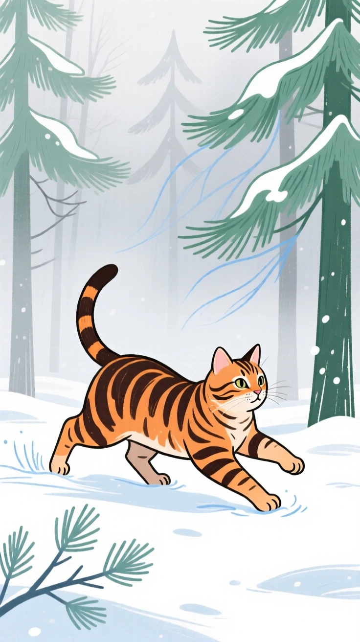 A tabby cat playing in a snowy pine forest as fog rolls in.