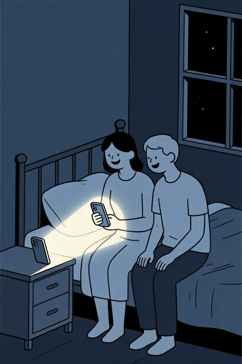 A quiet moment of overwhelming joy as an old friend reunion pauses in a dim bedroom at night beside a glowing phone screen.