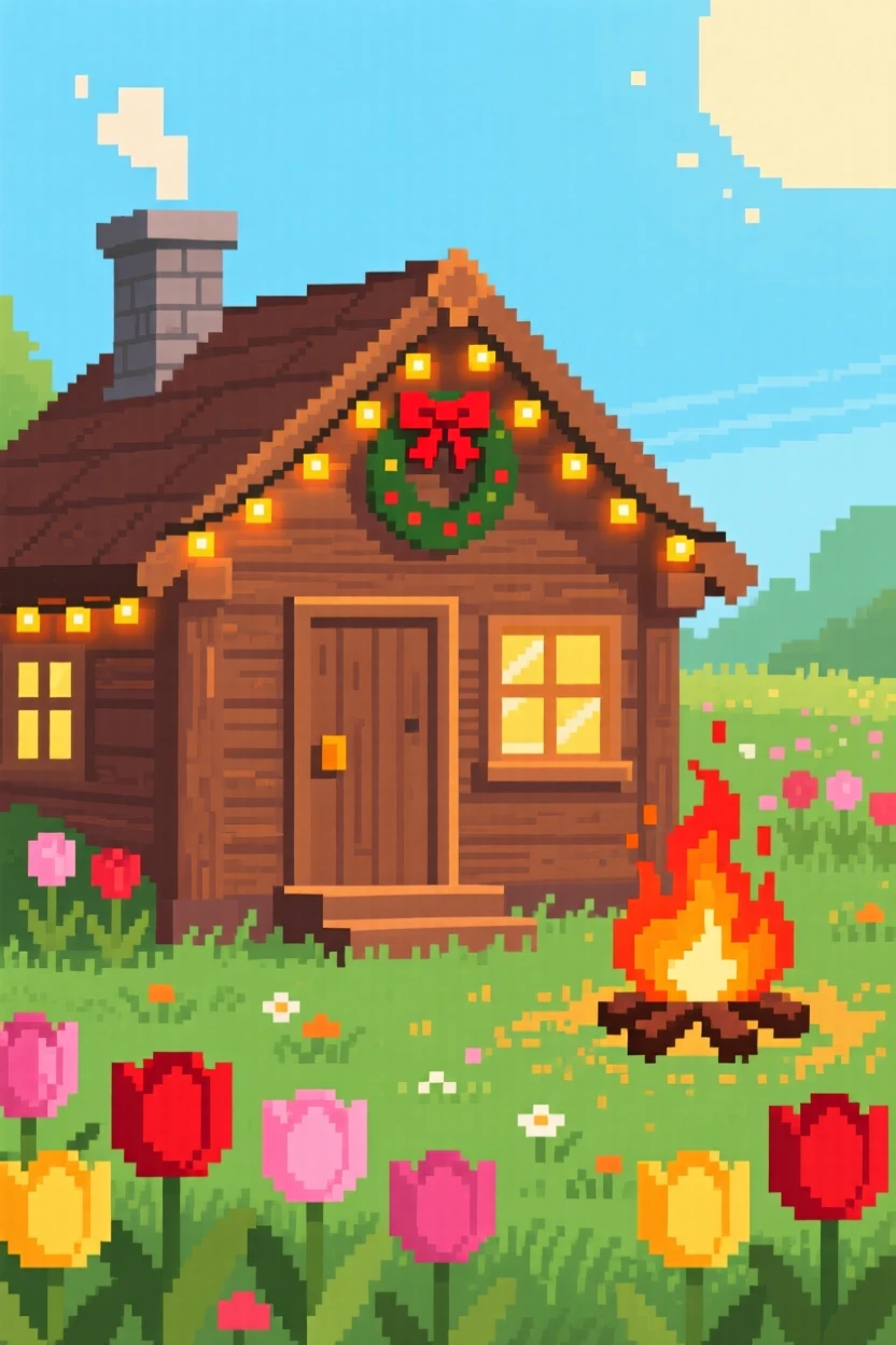 A cabin decorated for the holidays glowing beside a crackling bonfire, in a sunlit spring meadow full of tulips.