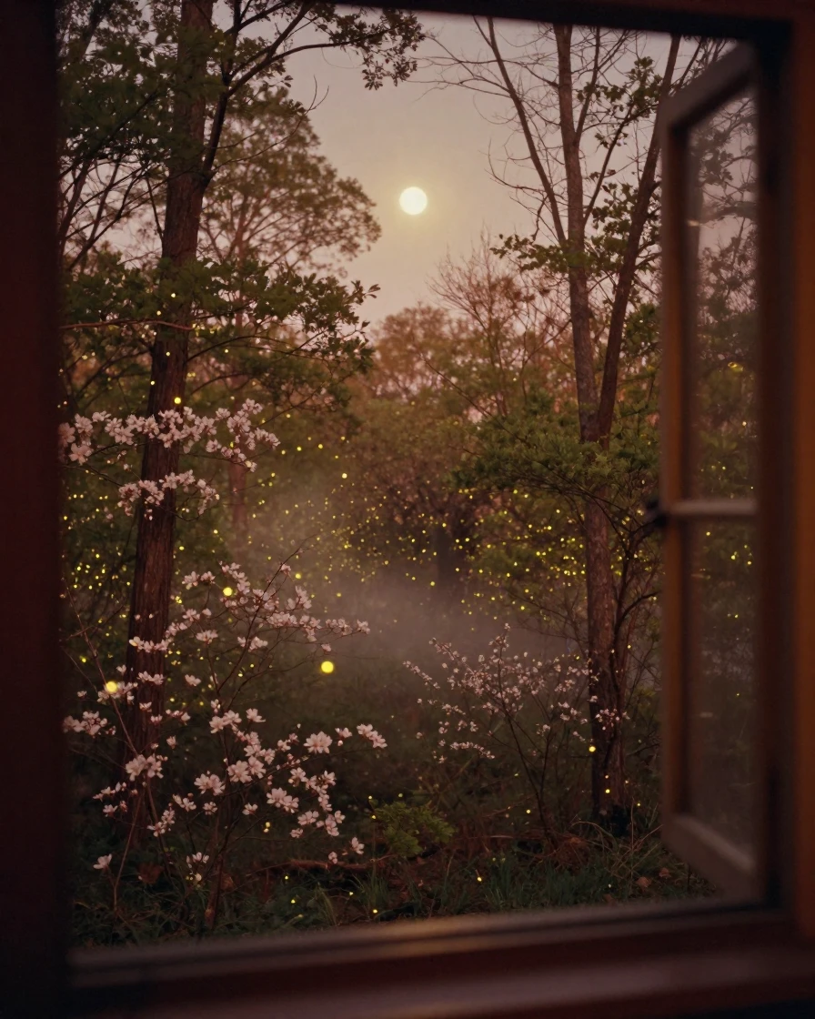 Fireflies glowing softly among trees at forest's edge in summer dusk, under moonlight, as mist rises off the ground, as spring blossoms unfurl, dominated by warm amber and rust tones, viewed from across the room.