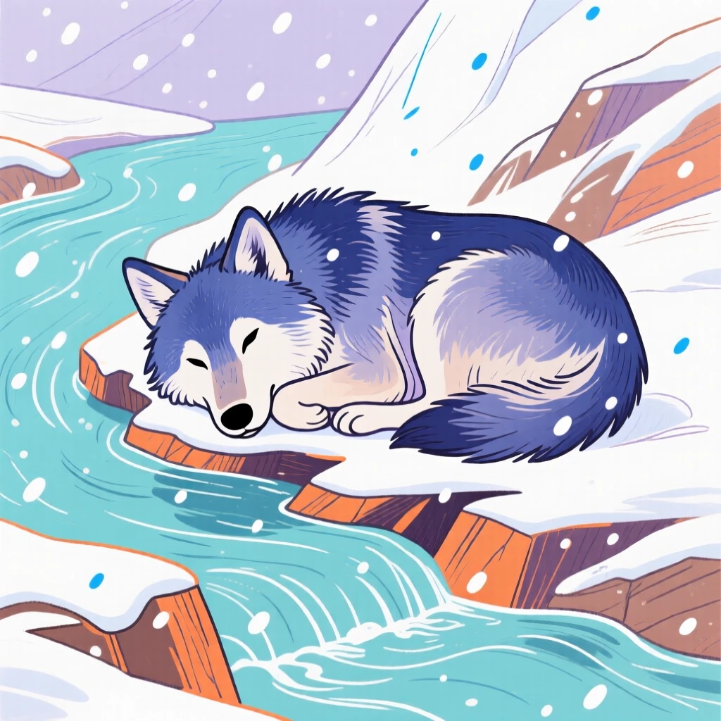 A young wolf curled up together beside a mountain stream during a light snowfall.