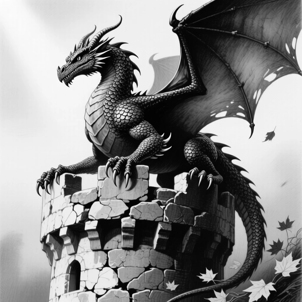 A dragon perched atop a crumbling castle tower, with autumn leaves scattered underfoot.