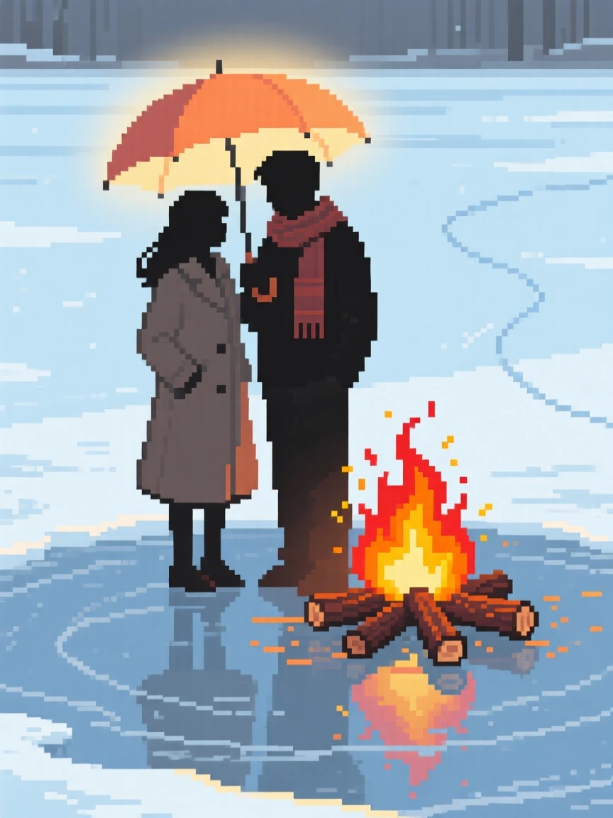 A couple sharing an umbrella glowing beside a crackling bonfire, on a frozen pond used for ice skating.