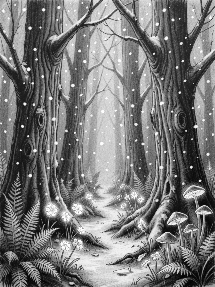 An enchanted forest with glowing bioluminescent plants, under a soft blanket of falling snow.