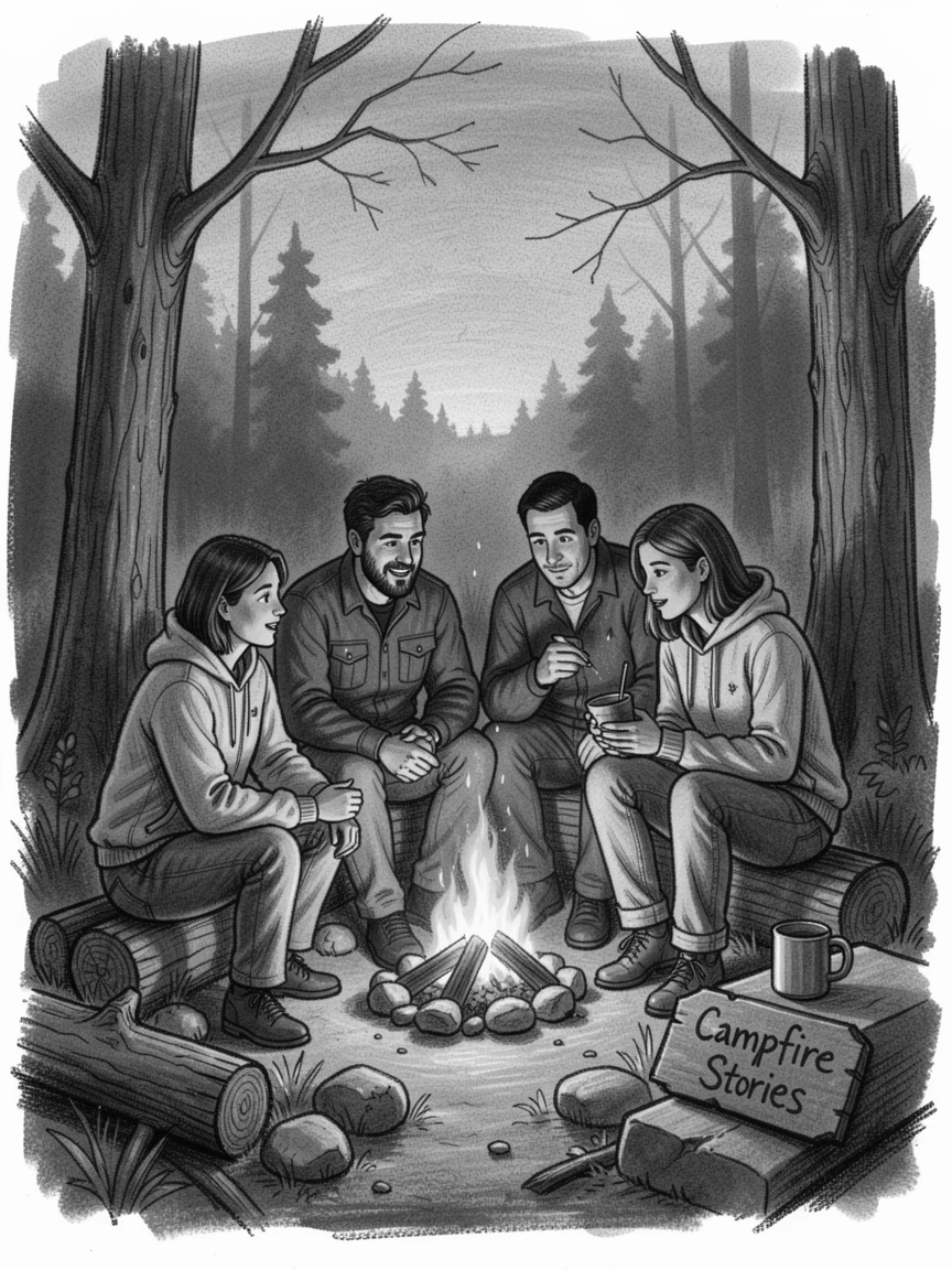 Friends gathered around a campfire telling stories, as the last light of day fades to dusk.