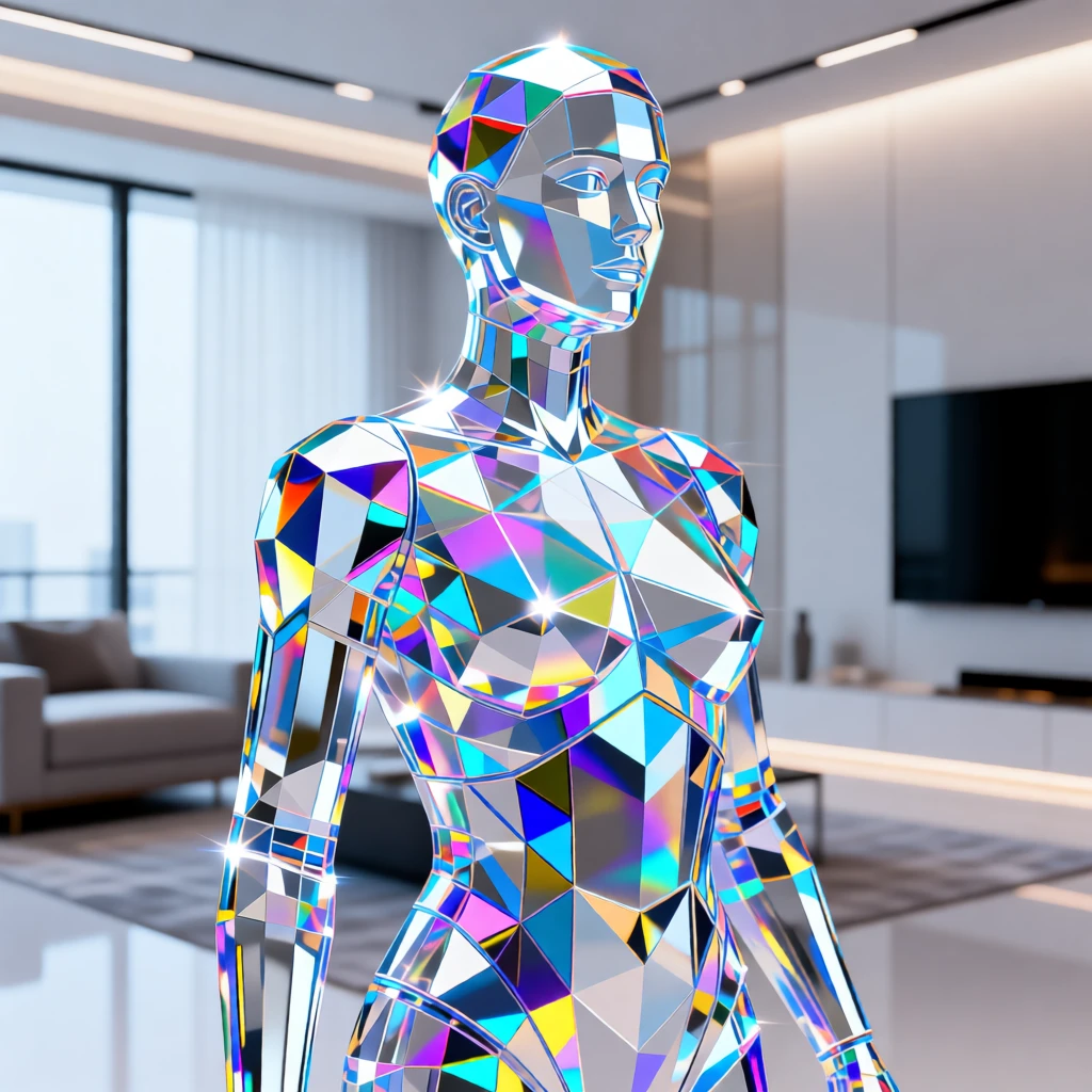 An AI hologram assistant projected as a glowing humanoid figure in a sleek apartment.