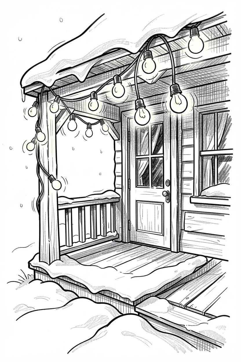 A string of twinkling holiday lights on a porch on a snowy winter morning.