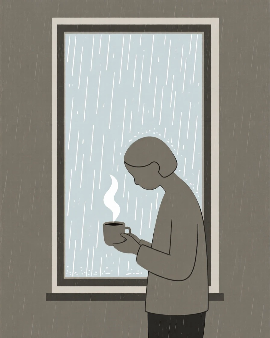 A quiet moment of tender nostalgia as a solitary figure pauses in a rain-streaked window beside a warm cup of tea.