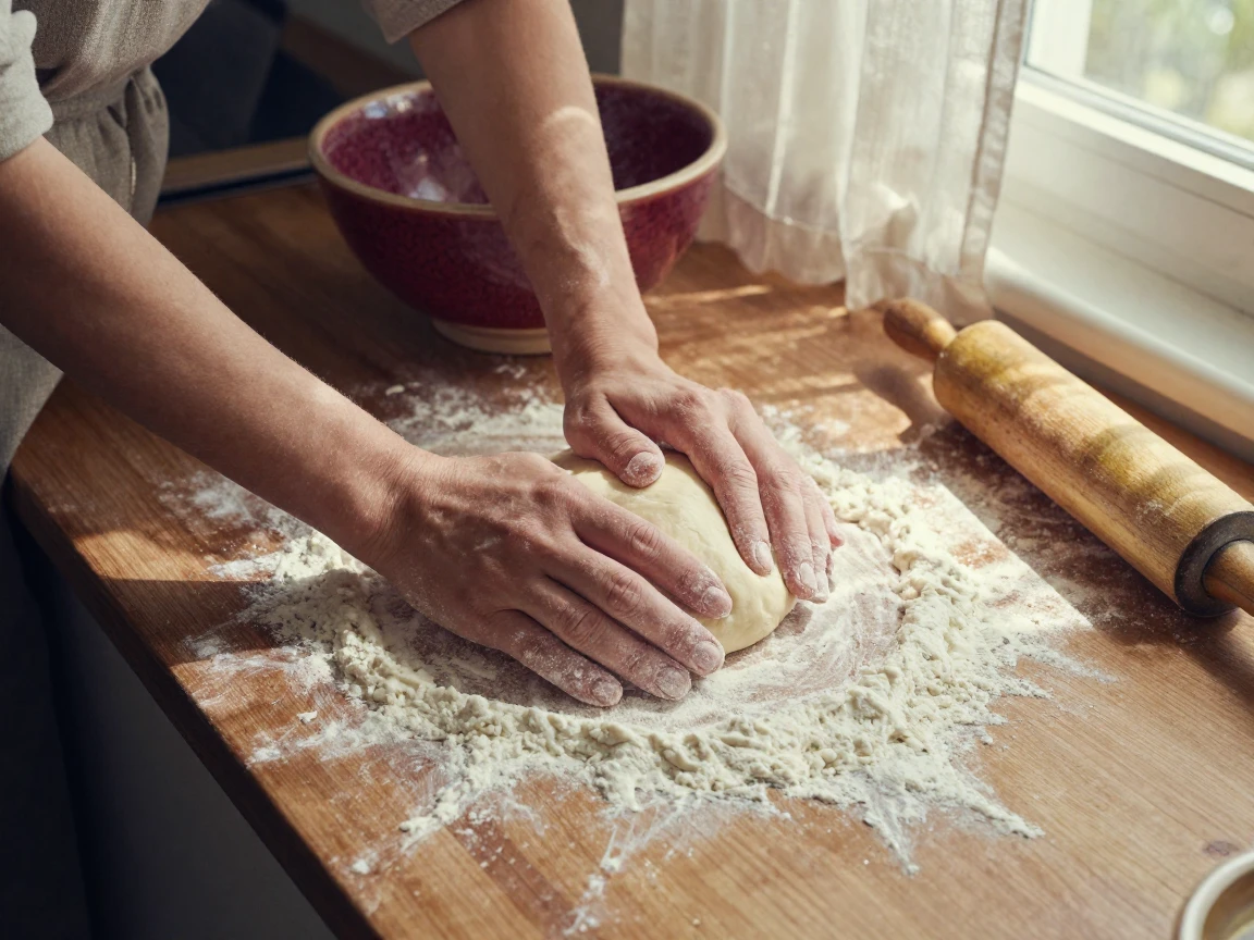 A hand kneading dough on a flour-dusted countertop, in gentle diffused daylight, with a soft breeze stirring the air, in the height of summer, with rich burgundy and gold accents, shot from directly overhead.