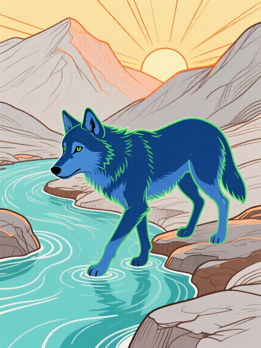 A young wolf exploring beside a mountain stream at sunrise.