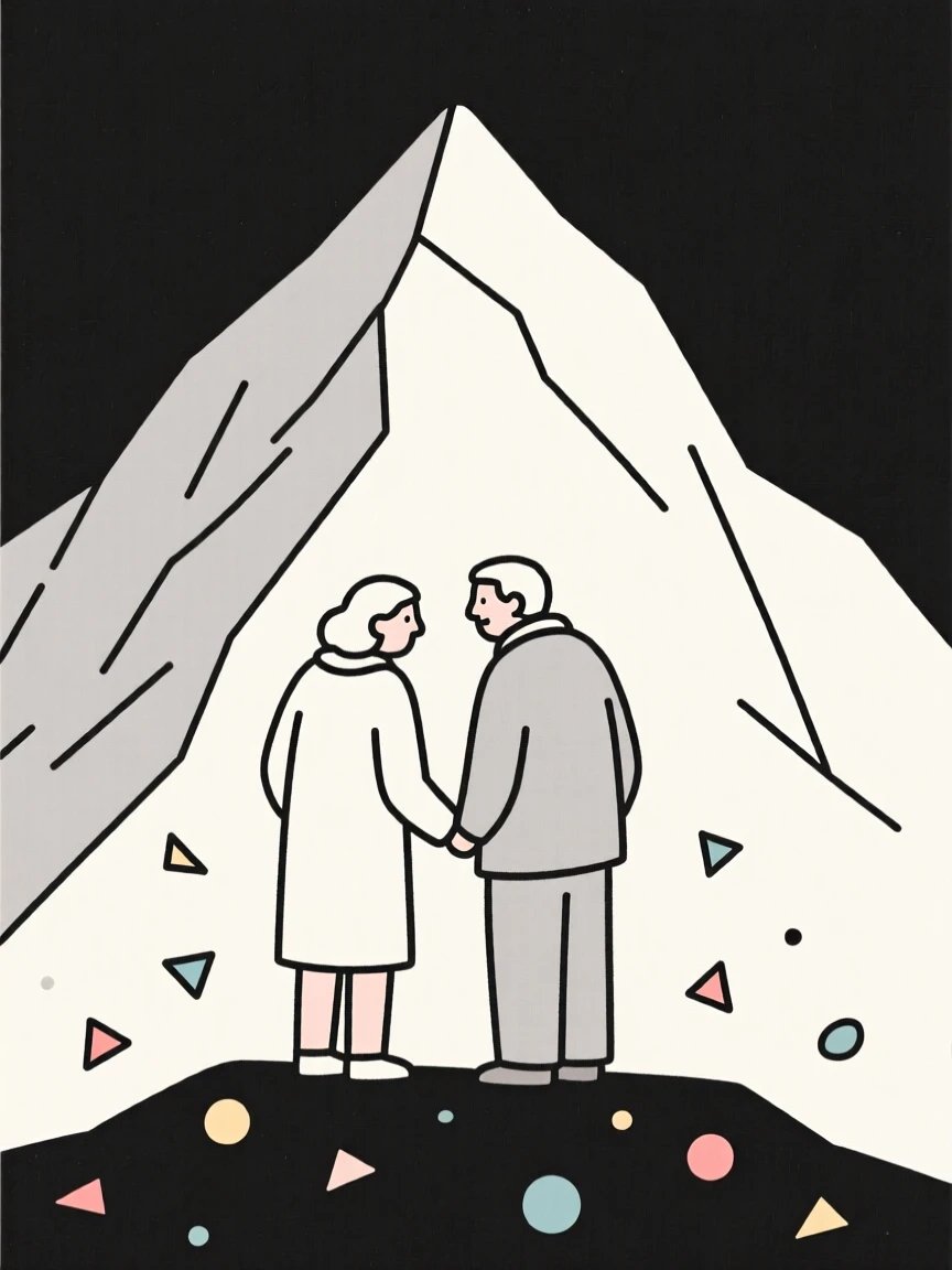 A quiet moment of bittersweet farewell as an old friend reunion pauses in a mountain summit beside scattered confetti.