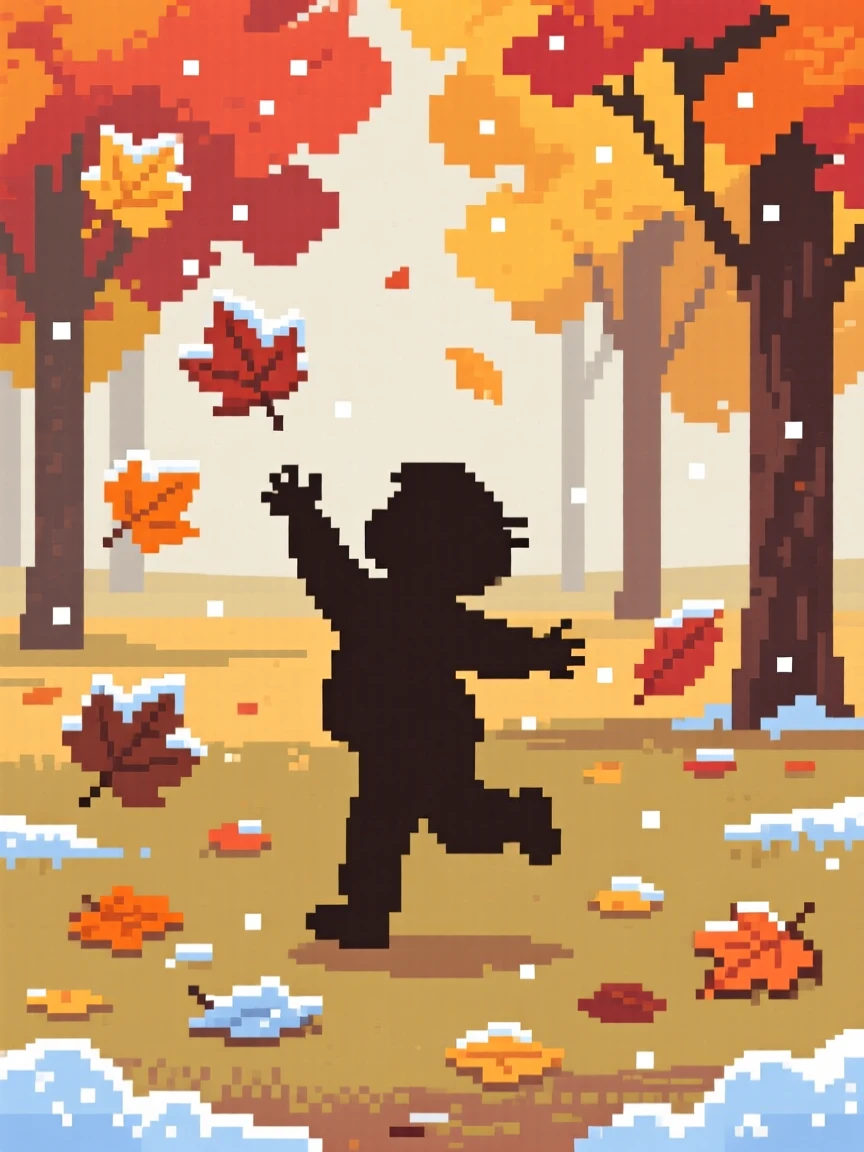 A child catching falling leaves dusted lightly with the season's first frost, in a park during peak autumn color.