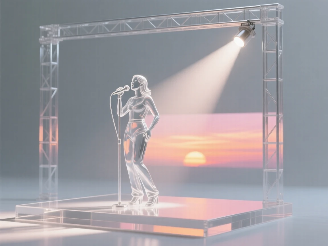 A singer performing beneath a spotlight on an open-air stage, with the last light of sunset glowing behind the stage