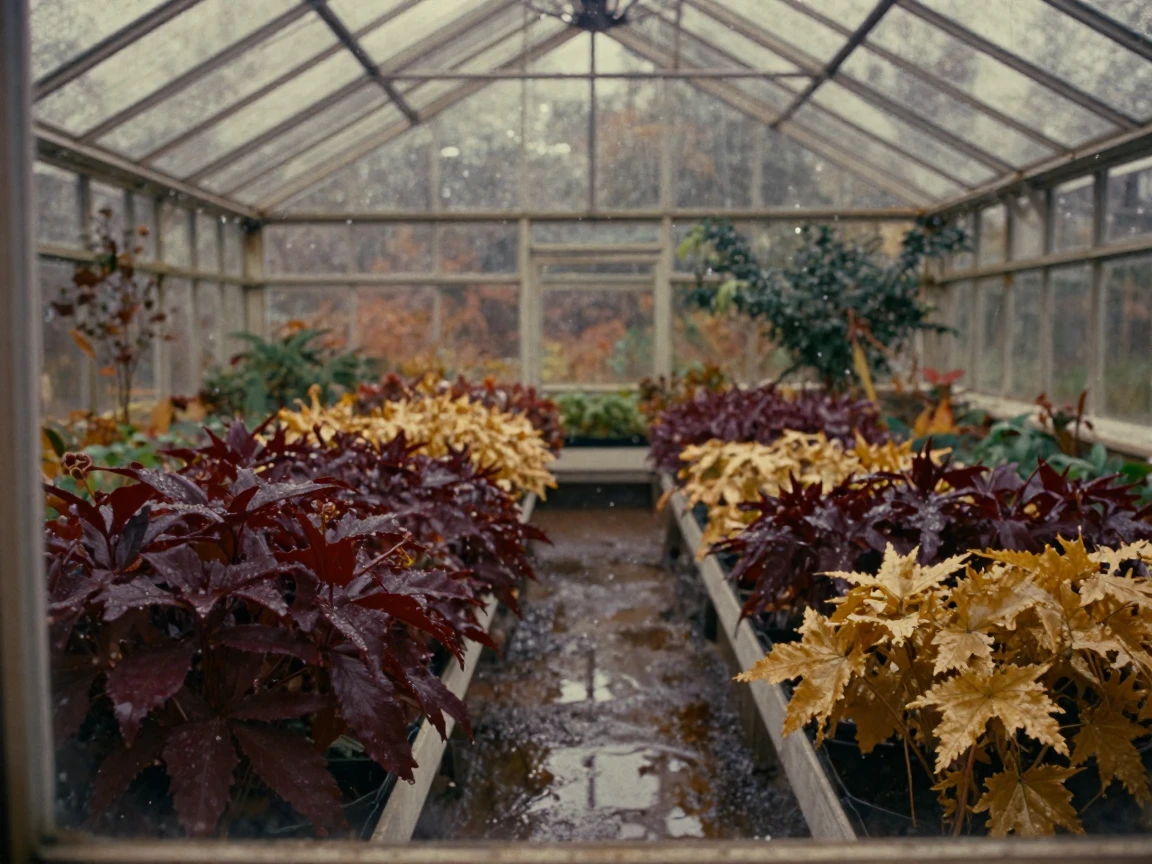 A sunlit greenhouse filled with rows of blooming plants, under a canopy of stars, just after a rain shower, with puddles reflecting the sky, in late autumn, with rich burgundy and gold accents, through a rain-streaked window.