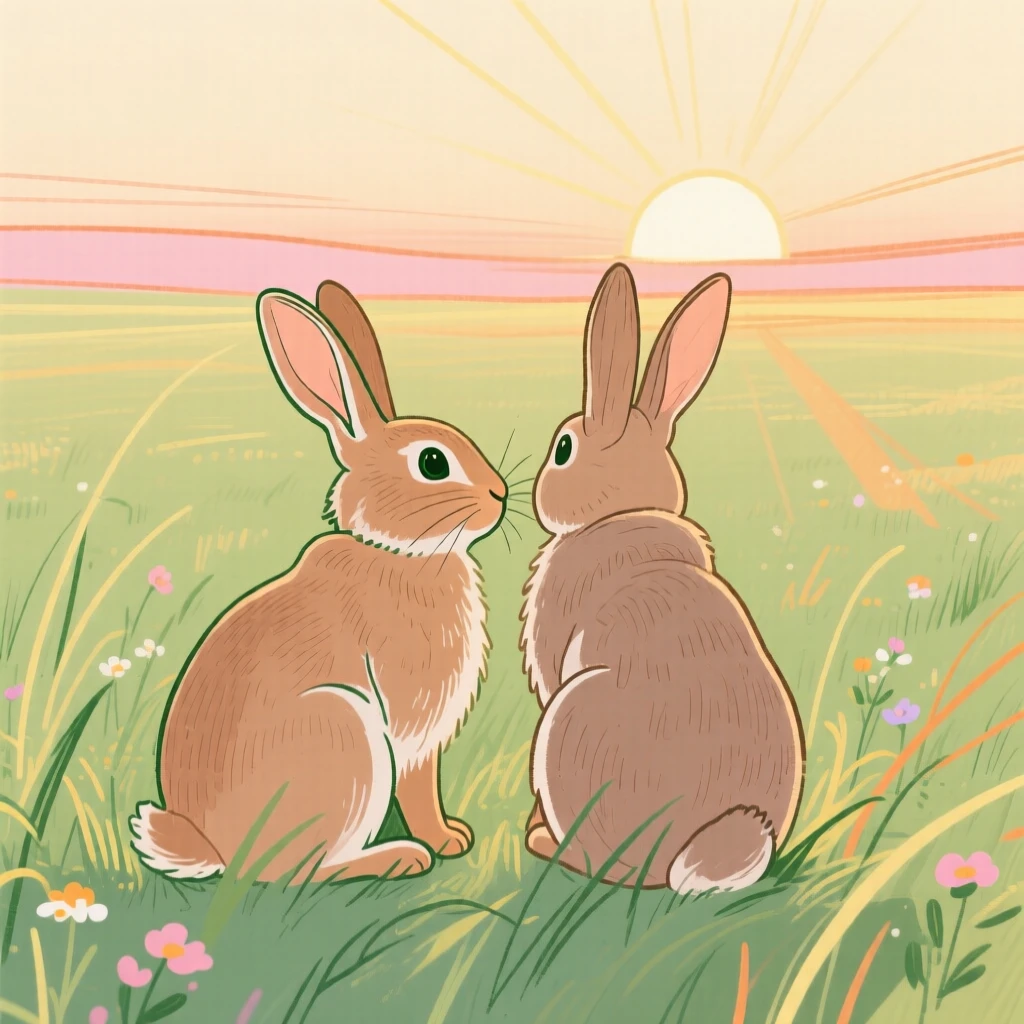 A pair of rabbits watching the horizon in a sunlit meadow at sunrise.
