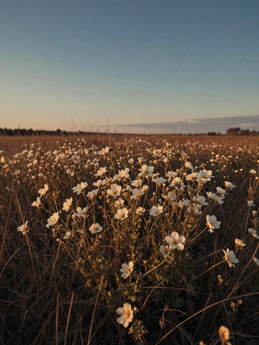 A field of wildflowers bathed in the deep blue light before sunrise, at dusk, in crisp, dry air, in late autumn, in warm honey and cream tones, from behind, looking toward the horizon.