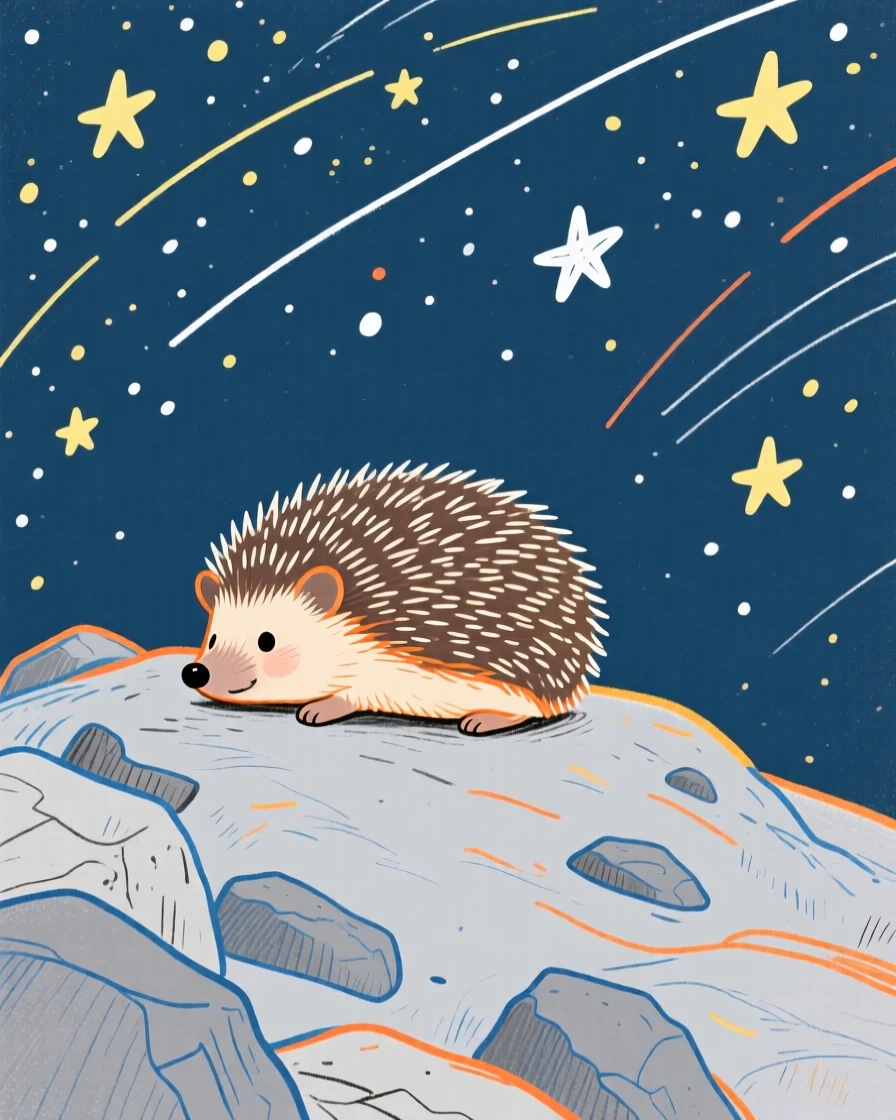 A small hedgehog resting on a rocky hillside under a clear starry sky.