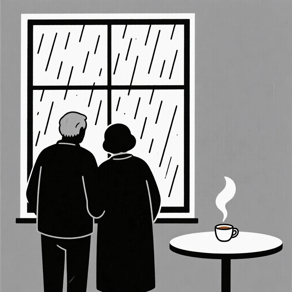 An old friend reunion standing in a rain-streaked window, embodying a feeling of gentle melancholy, with a warm cup of tea nearby.