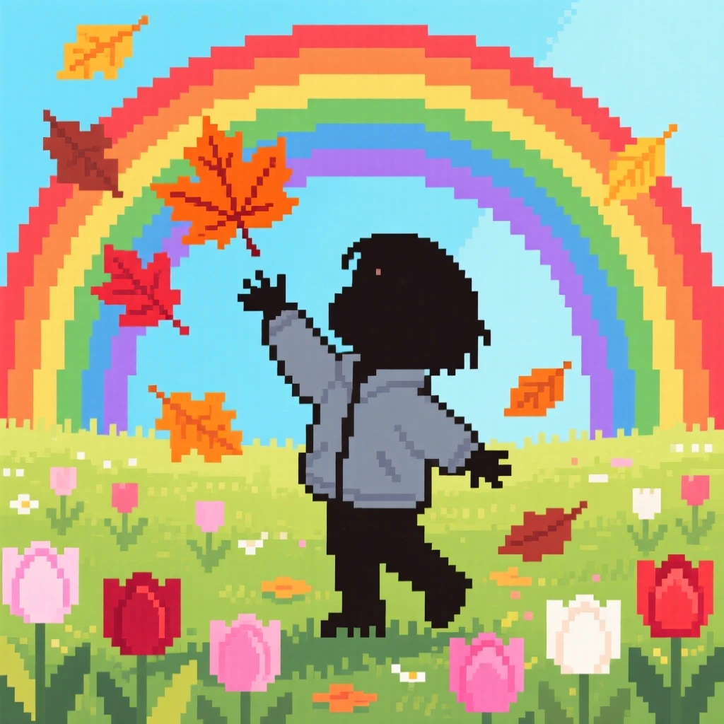 A child catching falling leaves framed by a rainbow after summer rain, in a sunlit spring meadow full of tulips.