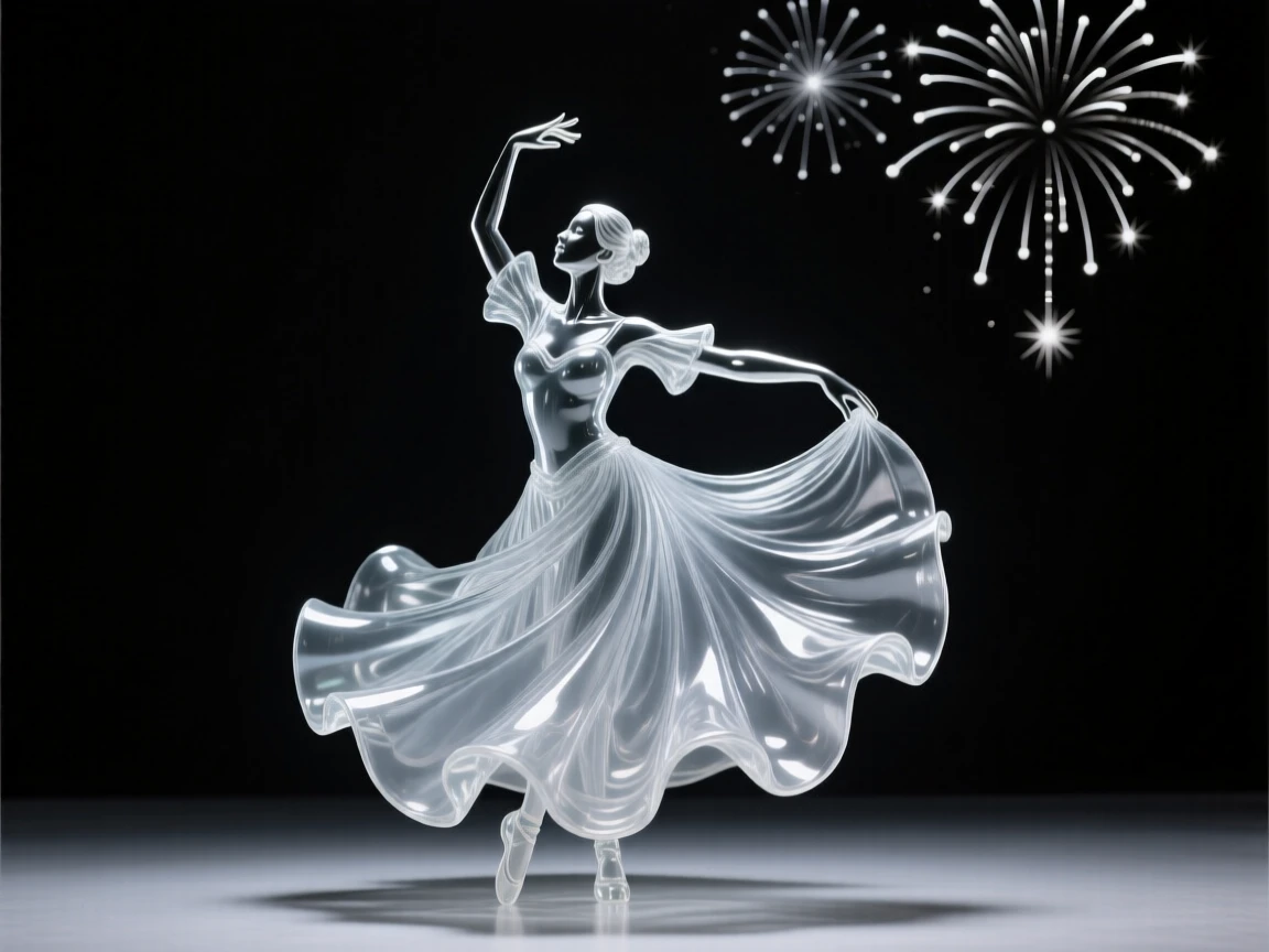 A flamenco dancer captured mid-spin in a swirl of fabric, as fireworks burst quietly in the sky above