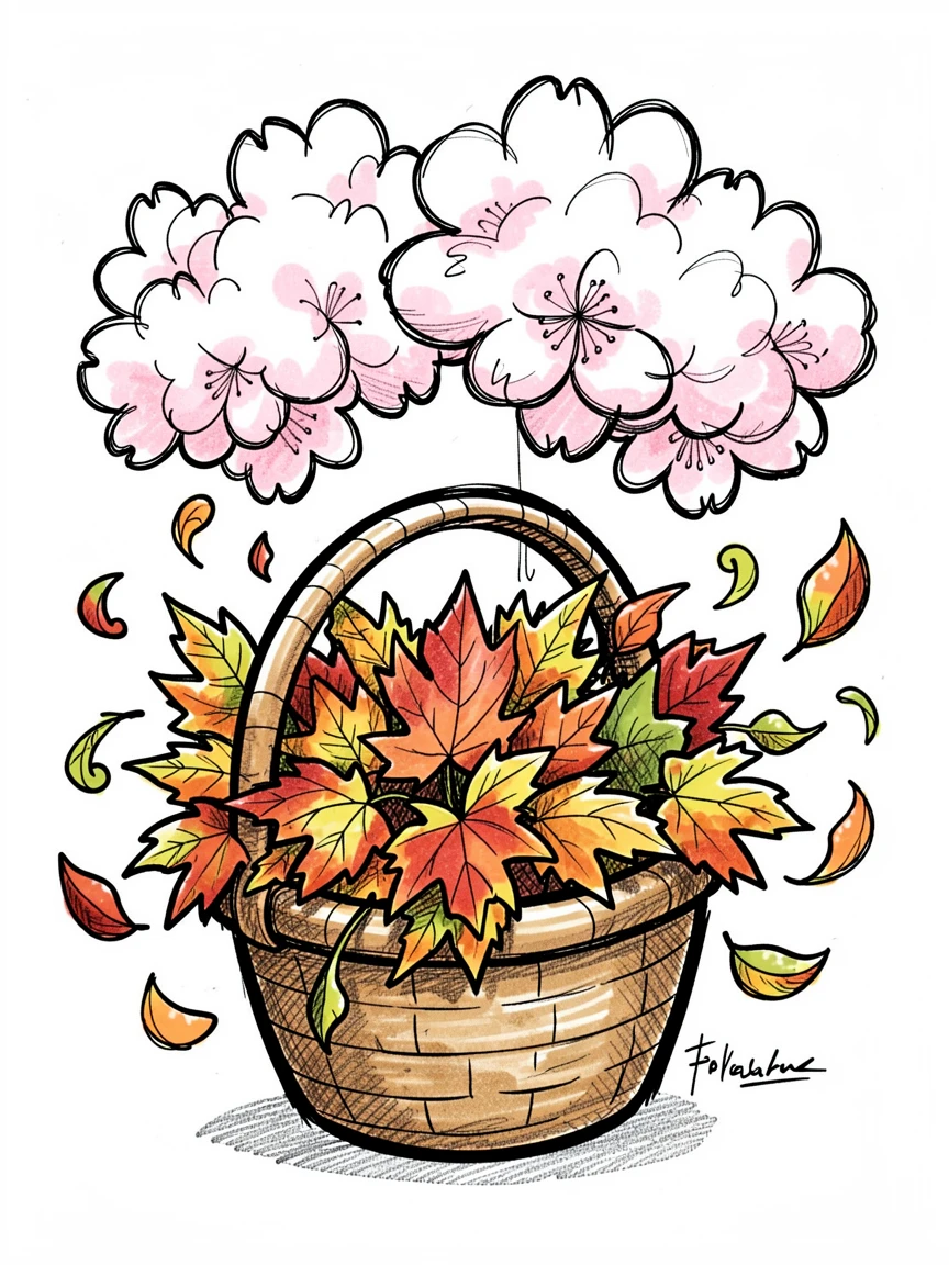 A basket overflowing with autumn leaves beneath blooming cherry blossoms in spring.