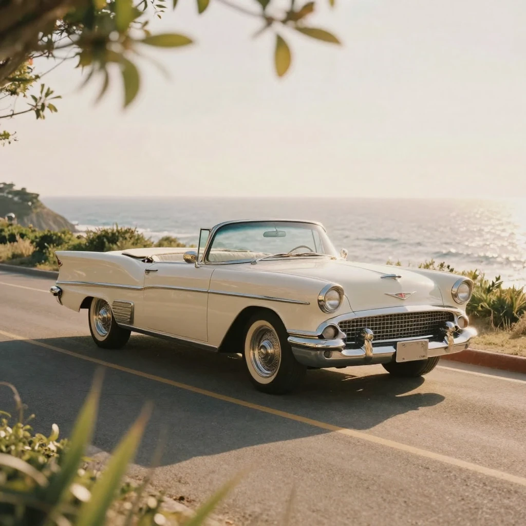 A classic convertible parked along a sunlit coastal road, under soft golden-hour light, in crisp, dry air, during the long days of summer, in warm honey and cream tones, peering through foliage in the foreground.