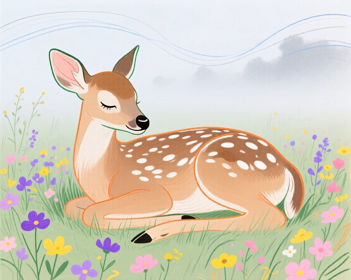 A spotted fawn napping near a wildflower field as fog rolls in.