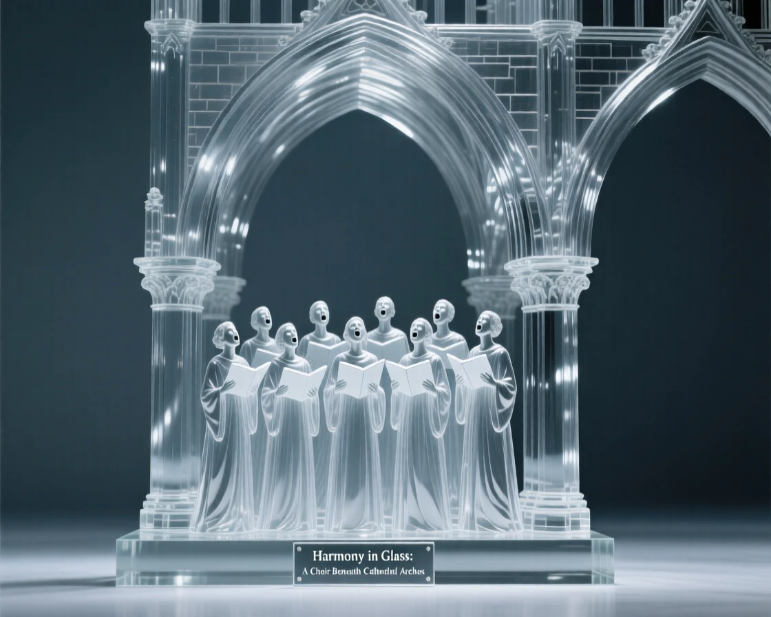 A choir singing together beneath the arches of a stone cathedral, with the sound of applause rising from an unseen audience