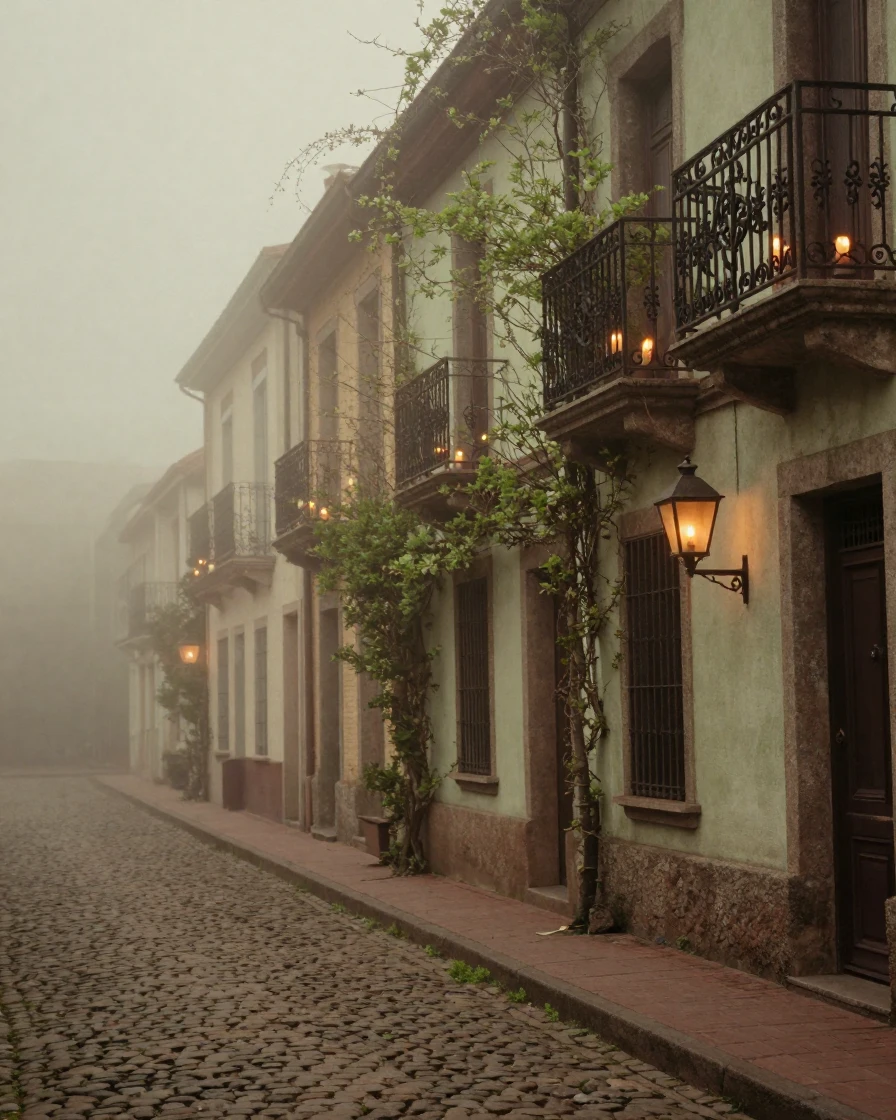 A narrow cobblestone street lined with wrought-iron balconies, under flickering candlelight, in thick rolling fog, in early spring, with muted olive and rust colors, from a slightly elevated vantage point.