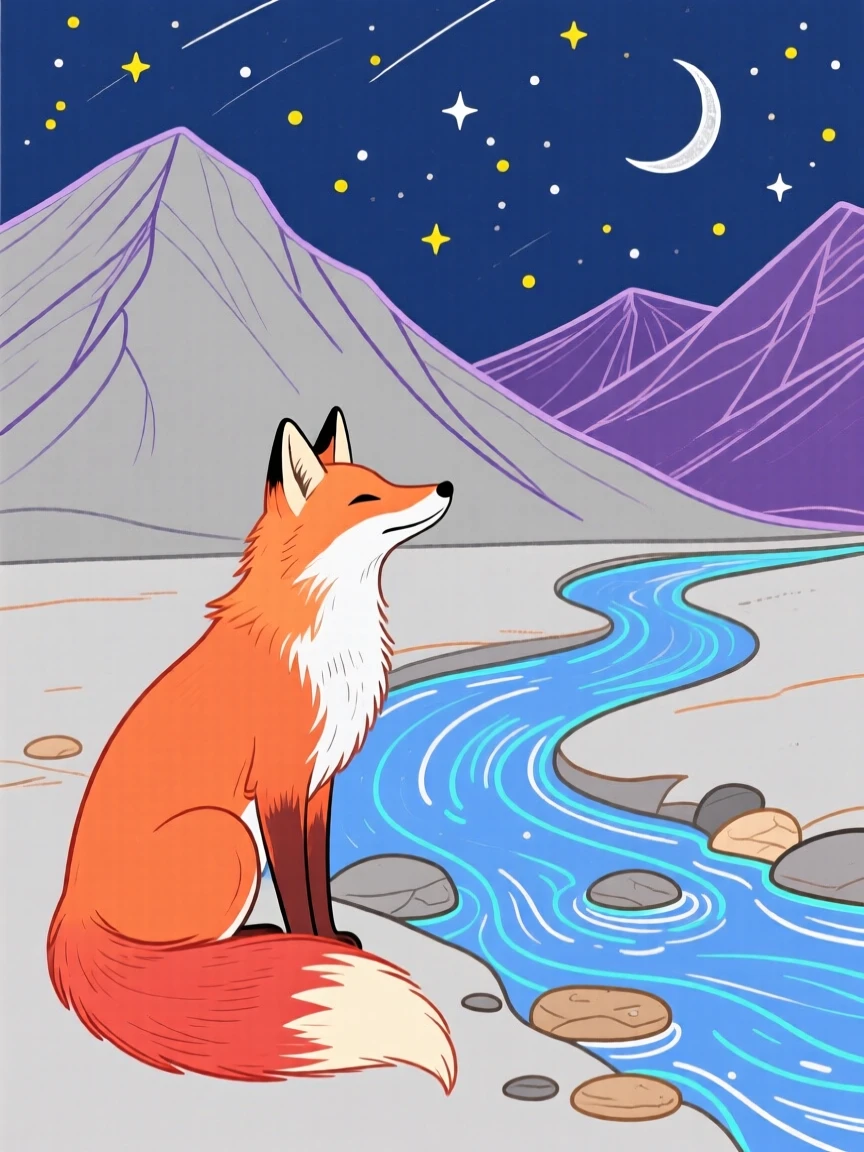 A curious fox watching the horizon beside a mountain stream under a clear starry sky.
