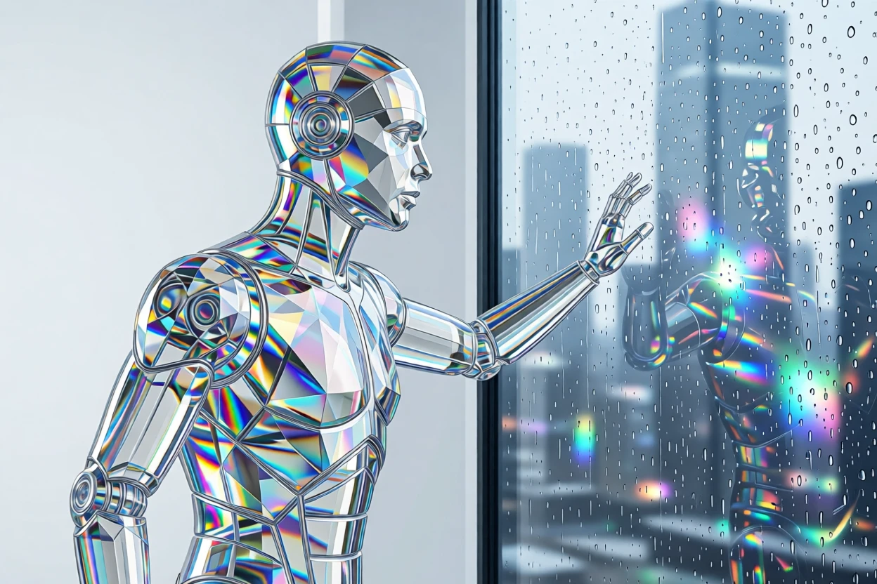 A humanoid robot gazing thoughtfully out a window at a rain-soaked futuristic city.