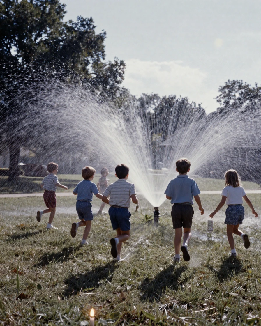 Children running through a sprinkler on a sunlit lawn, under flickering candlelight, in crisp, dry air, in summer, in cool blues and silvery greys, from behind, looking toward the horizon.