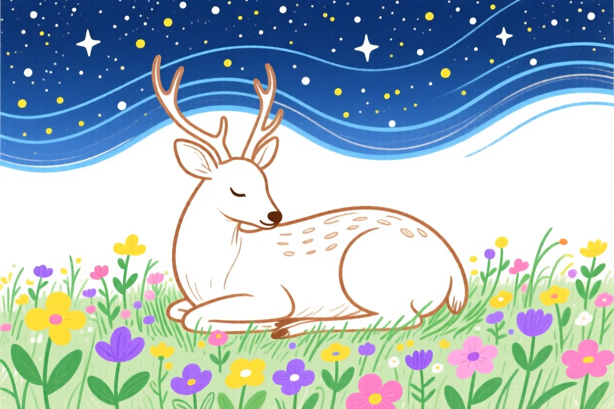 A gentle deer curled up together near a wildflower field under a clear starry sky.