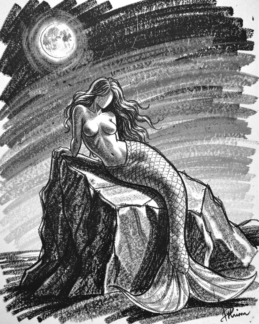 A mermaid resting on a moonlit rock, beneath a sky streaked with sunset colors.