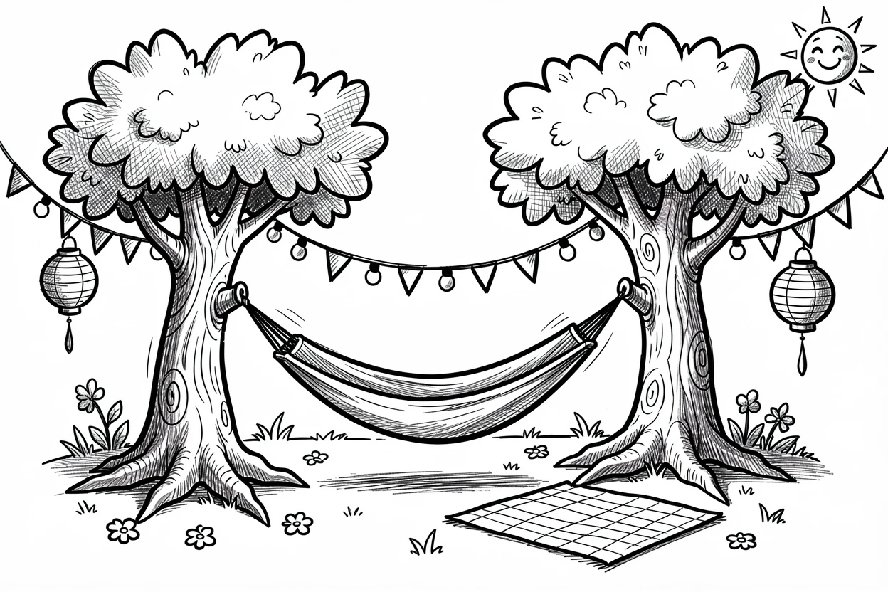 A hammock strung between two trees in summer in a backyard decorated for a celebration.