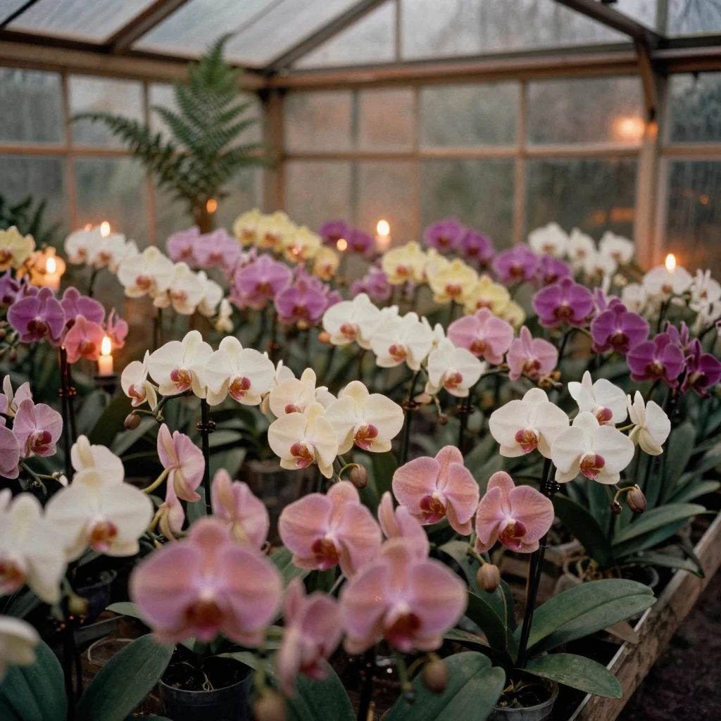 A greenhouse filled with rows of blooming orchids, under flickering candlelight, with a soft breeze stirring the air, in early spring, in earthy terracotta and ochre shades, in a tight close-up.