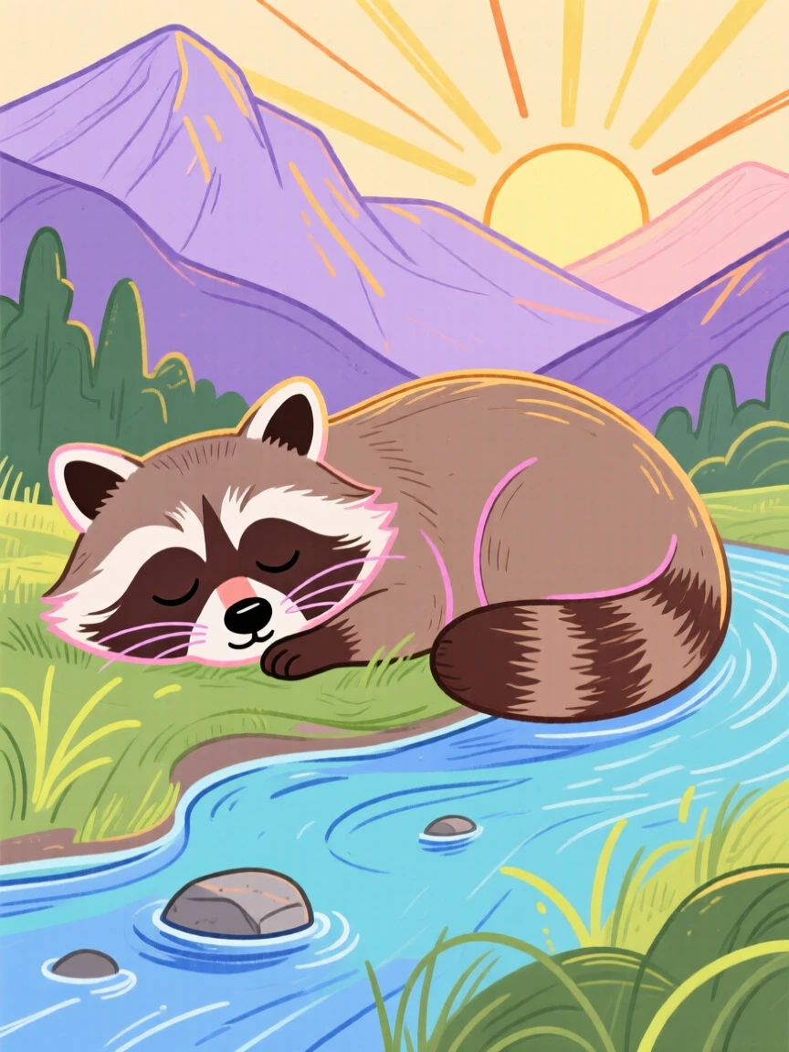 A curious raccoon napping beside a mountain stream at sunrise.