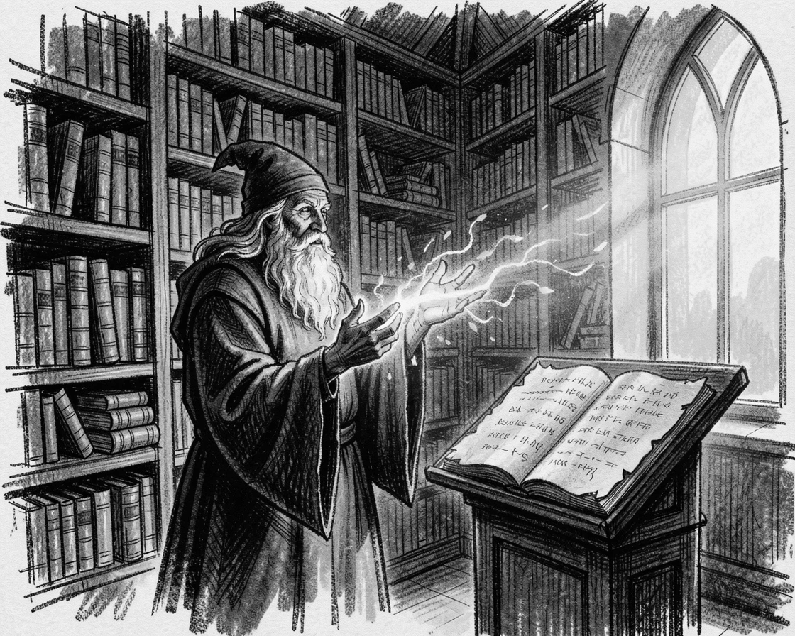 A wizard casting a glowing spell in an ancient library, as golden afternoon sun spills across the scene.