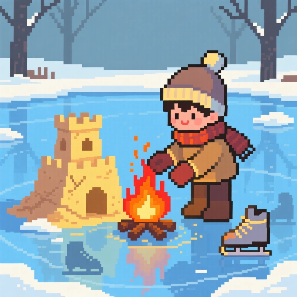 A child building a sandcastle glowing beside a crackling bonfire, on a frozen pond used for ice skating.