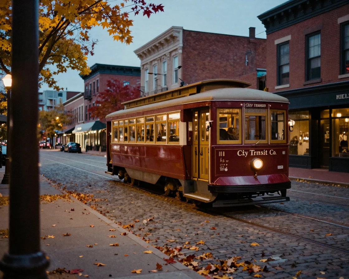 An old tram rattling through a historic city district, in cool blue twilight, in crisp, dry air, as autumn leaves turn gold and red, with rich burgundy and gold accents, viewed from across the room.