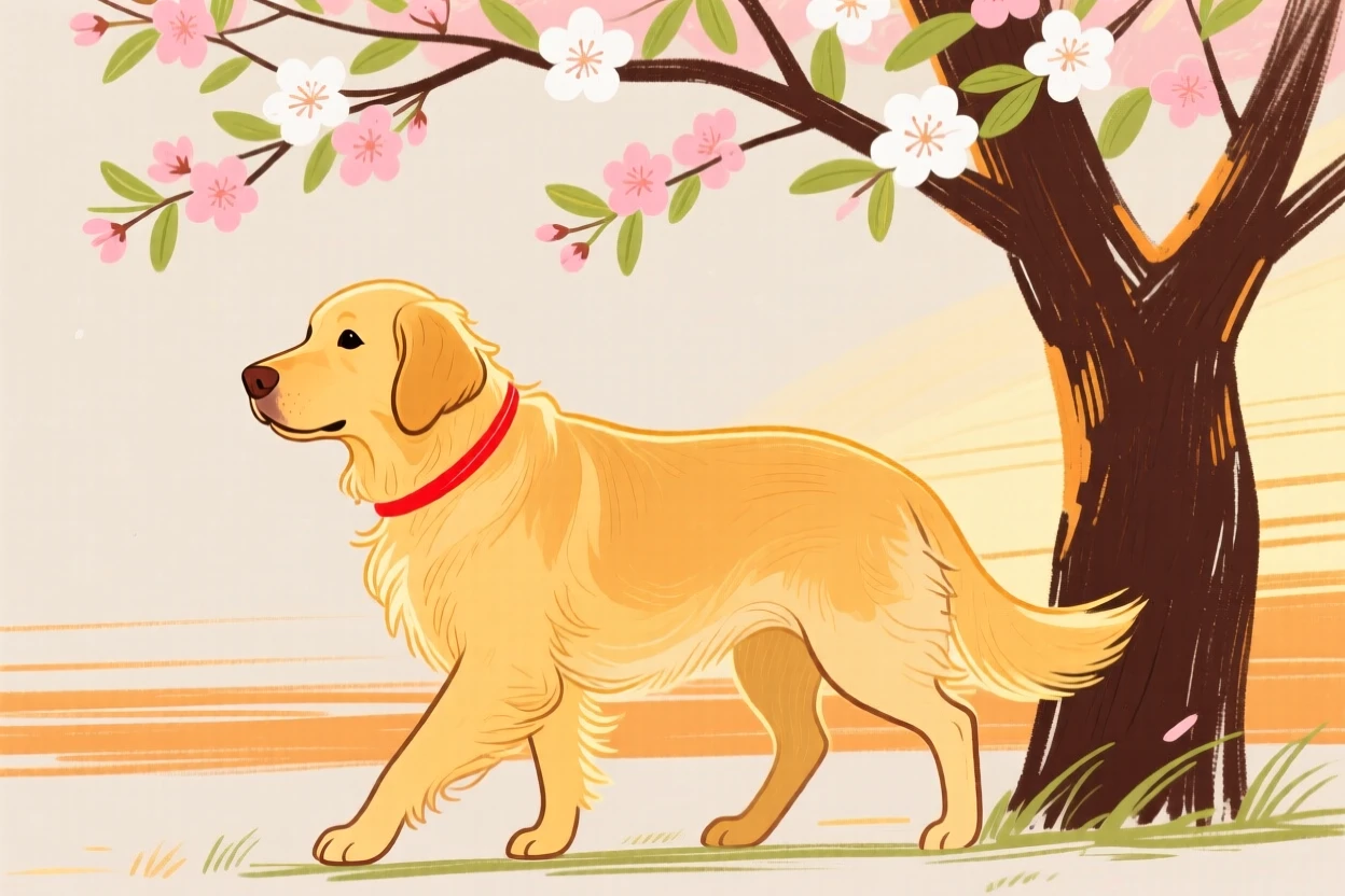 A golden retriever wandering under a blossoming tree during golden hour.