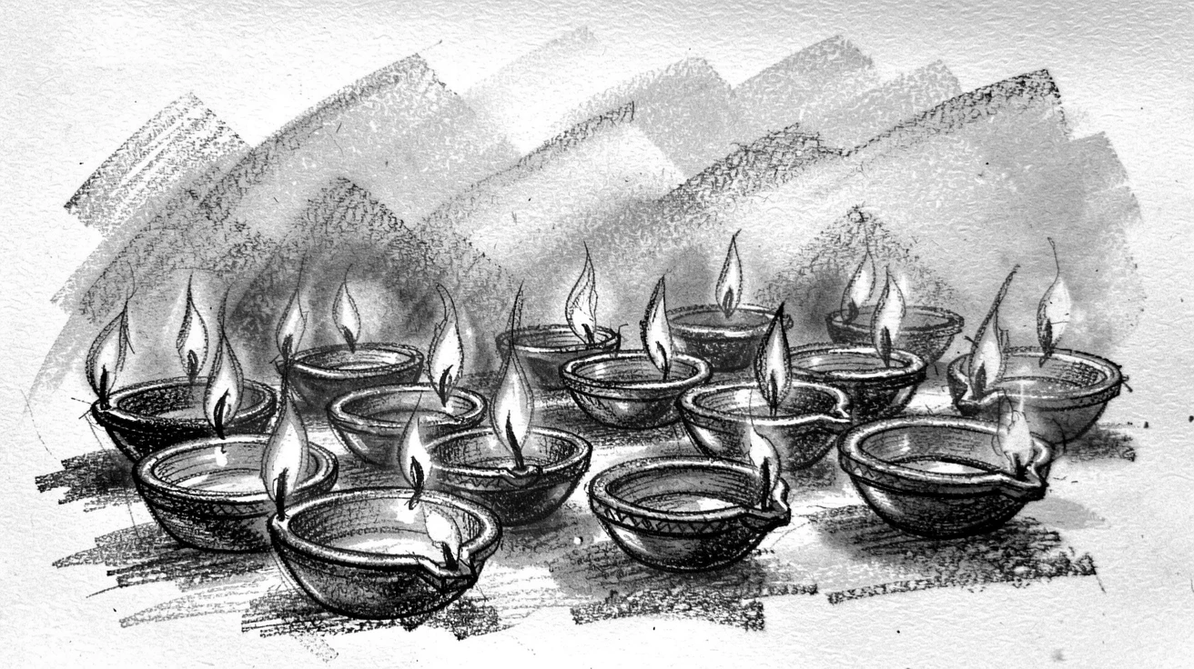 A Diwali celebration with rows of glowing oil lamps, with a gentle mist rolling through the background.