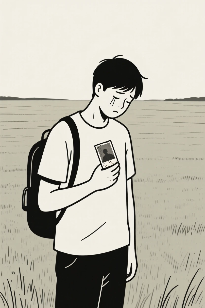 A tired traveler standing in a wide open field, embodying a feeling of quiet relief, with a worn photograph nearby.