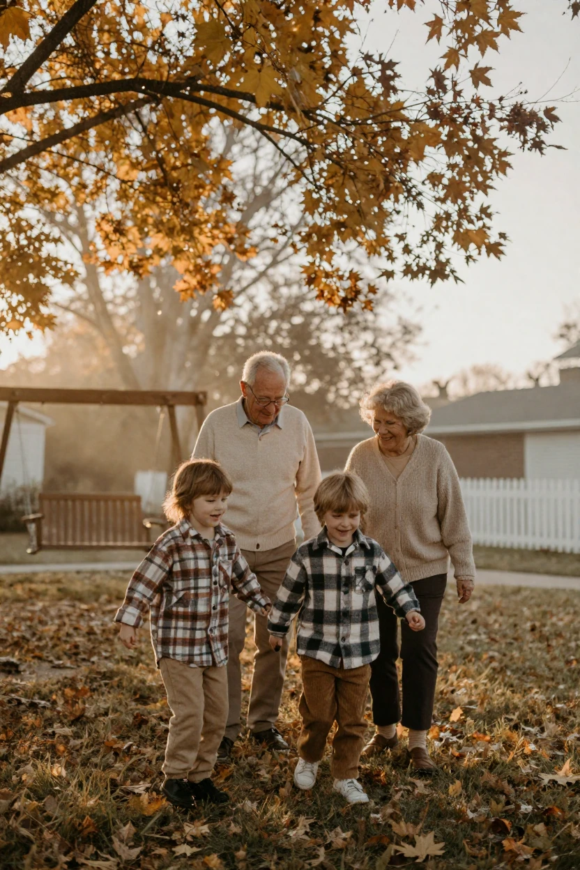 Grandparents watching grandchildren chase fireflies in a backyard, in the pale light just before sunrise, in crisp, dry air, in the mild days of early autumn, in warm honey and cream tones, captured from a low angle looking up.