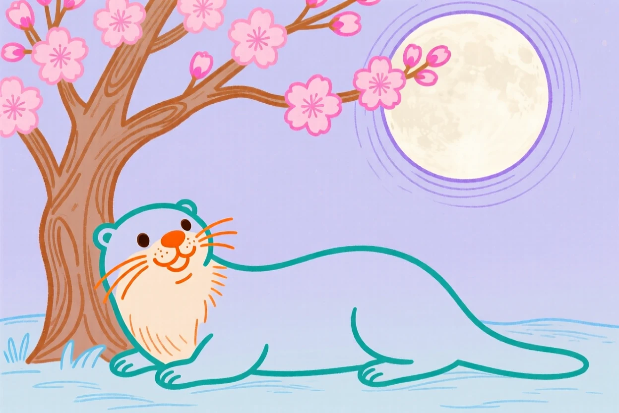 A playful otter resting under a blossoming tree under a full moon.