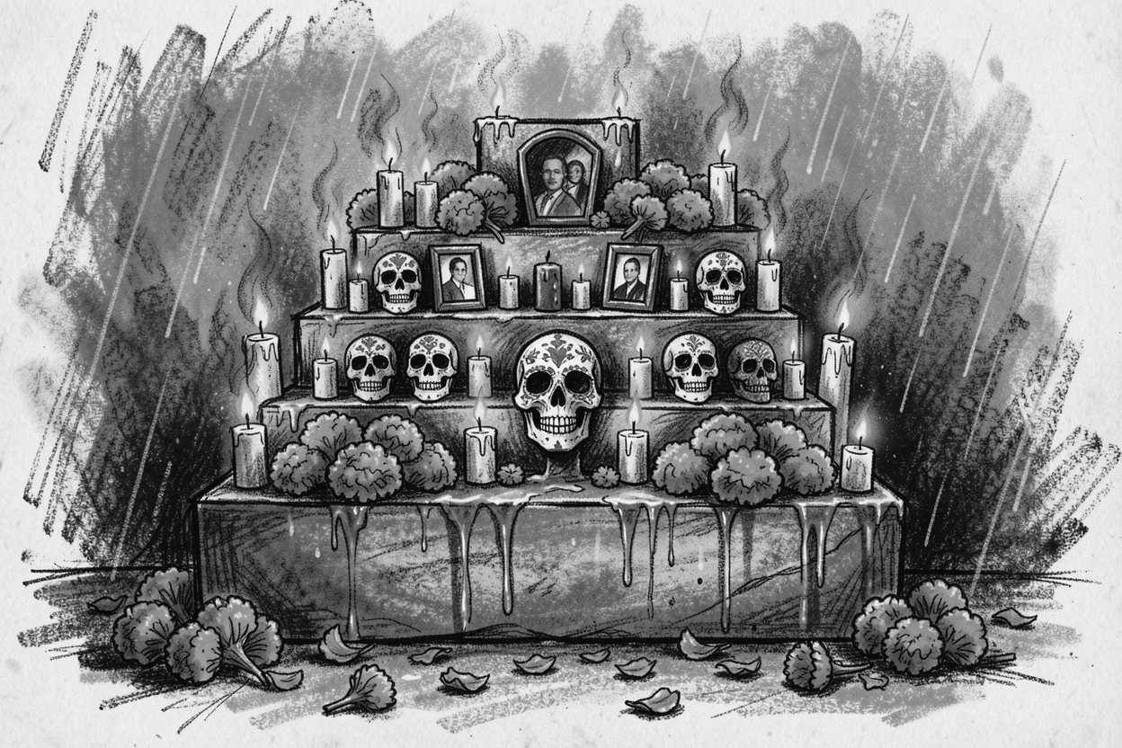 A Day of the Dead altar decorated with marigolds and candles, as gentle rain patters down around them.