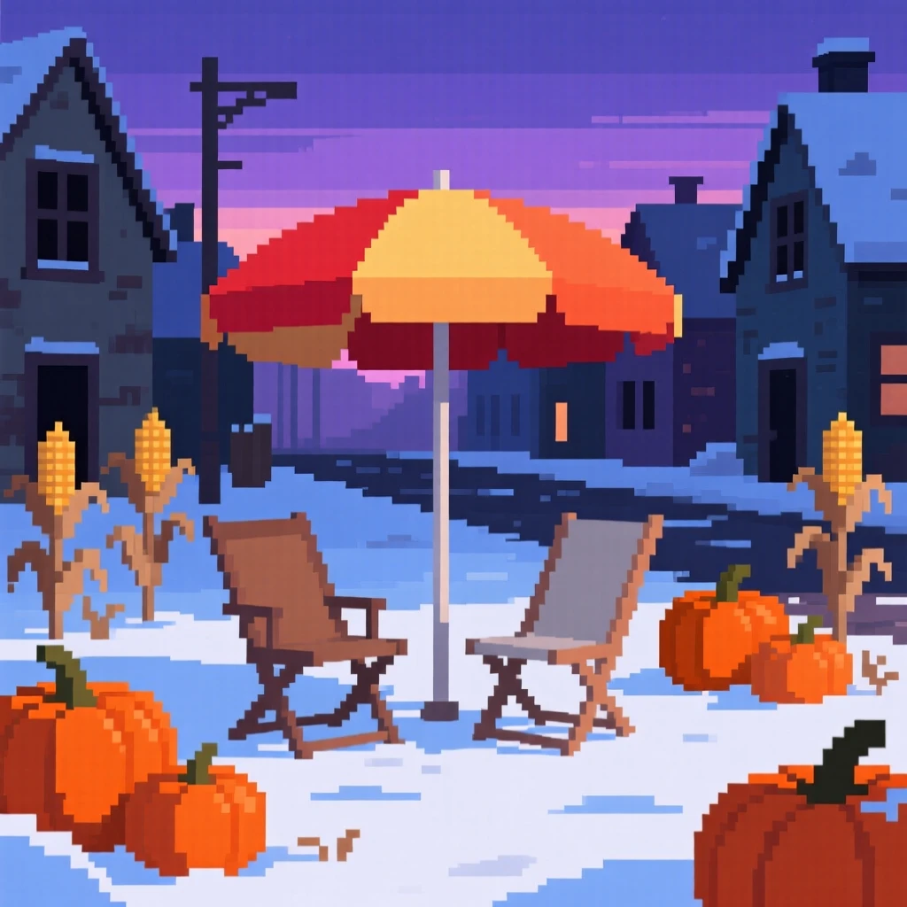 A beach umbrella and folding chairs surrounded by pumpkins and dried corn stalks, on a snowy village street at dusk.