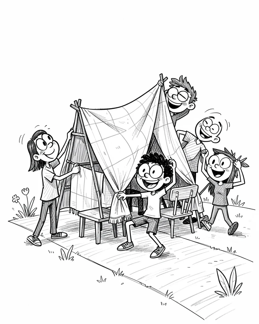 A group of friends building a blanket fort beside a quiet garden path.
