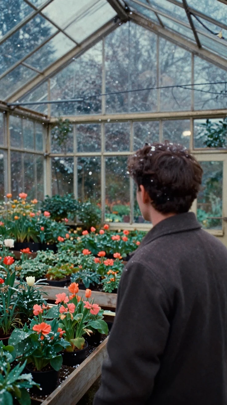A sunlit greenhouse filled with rows of blooming plants, in cool blue twilight, amid gently falling snow, under the first snow of winter, in vivid coral and turquoise hues, over the shoulder of the main subject.